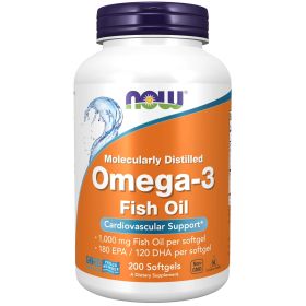 NOW Supplements, Omega-3 180 EPA / 120 DHA, Molecularly Distilled, Cardiovascular Support*, 200 Softgels